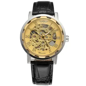 T-WINNER ЧАСОВНИЦИ gloden повърхност златни Римски Цифри творчески обратен черна кожена каишка мъжки механични часовници