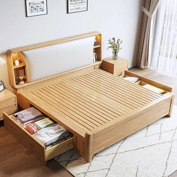 Легло с мека възглавница от масивно дърво, Високо кутия за съхранение, 2 м × 220 Начало спалня Семейство Родител-дете на Супер Двойно легло Рамка