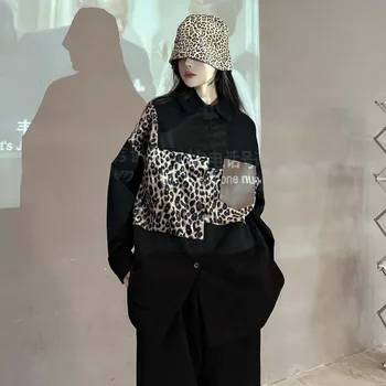 Печат на леопард мозайка ризи за жени, японската мода Харадзюку уличен стил за момичета големи бутона готически блуза Дамски дрехи